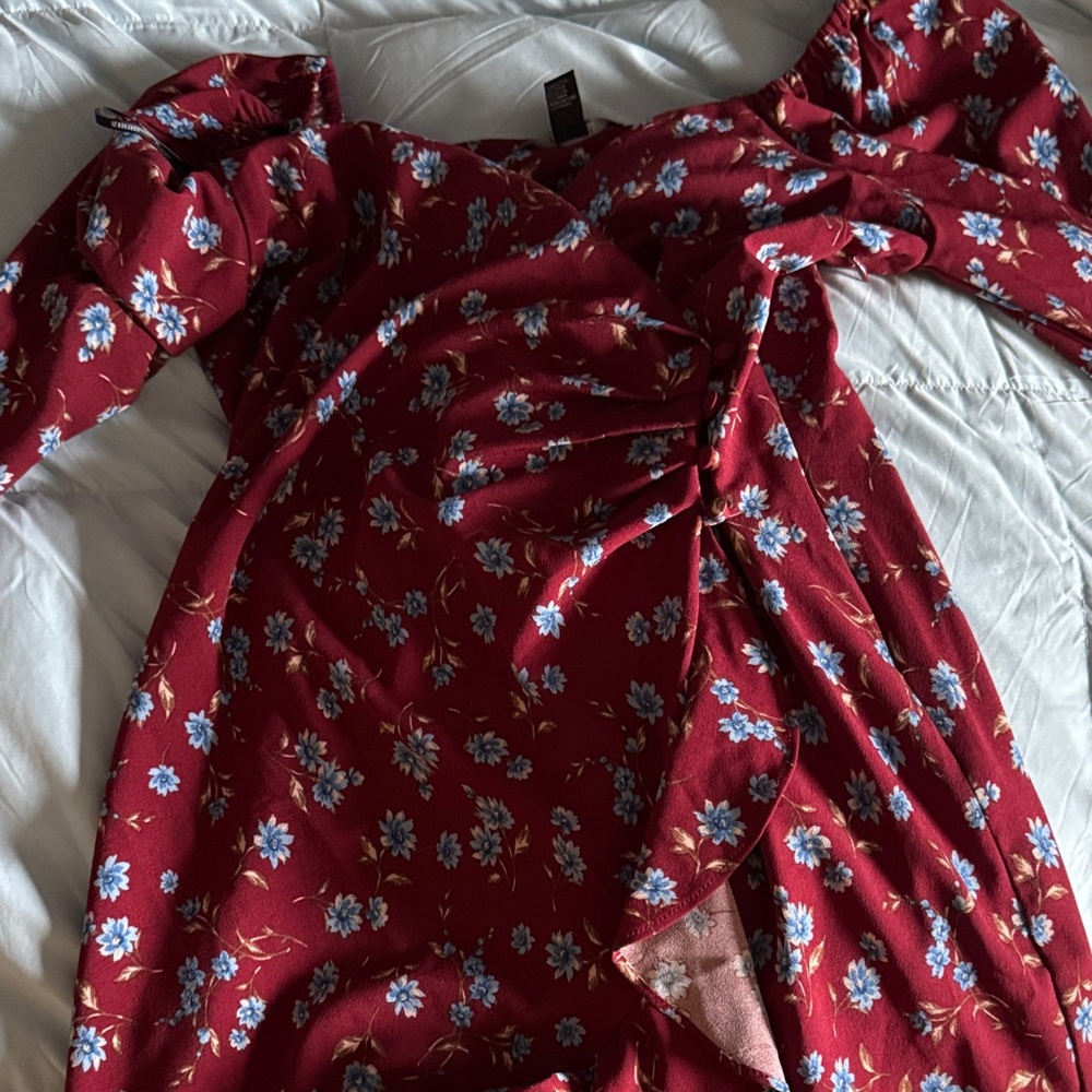 Forever 21 Burgundy Dress with Blue Floral Pattern